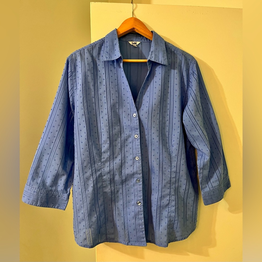 Tabi blue semi sheer cotton blend blouse with three quarter sleeves size XL